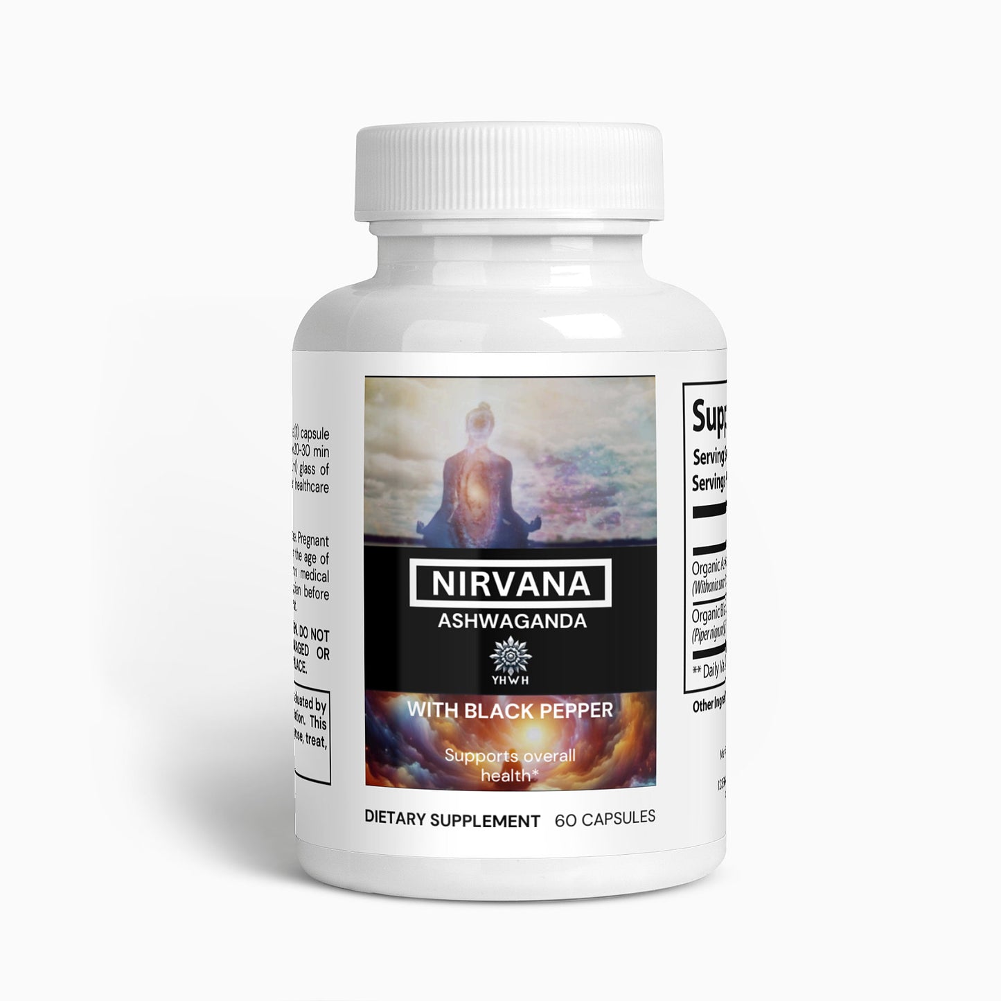 White bottle of Nirvana Ashwagandha with Black Pepper dietary supplement, featuring a serene image of a meditating figure on the label.