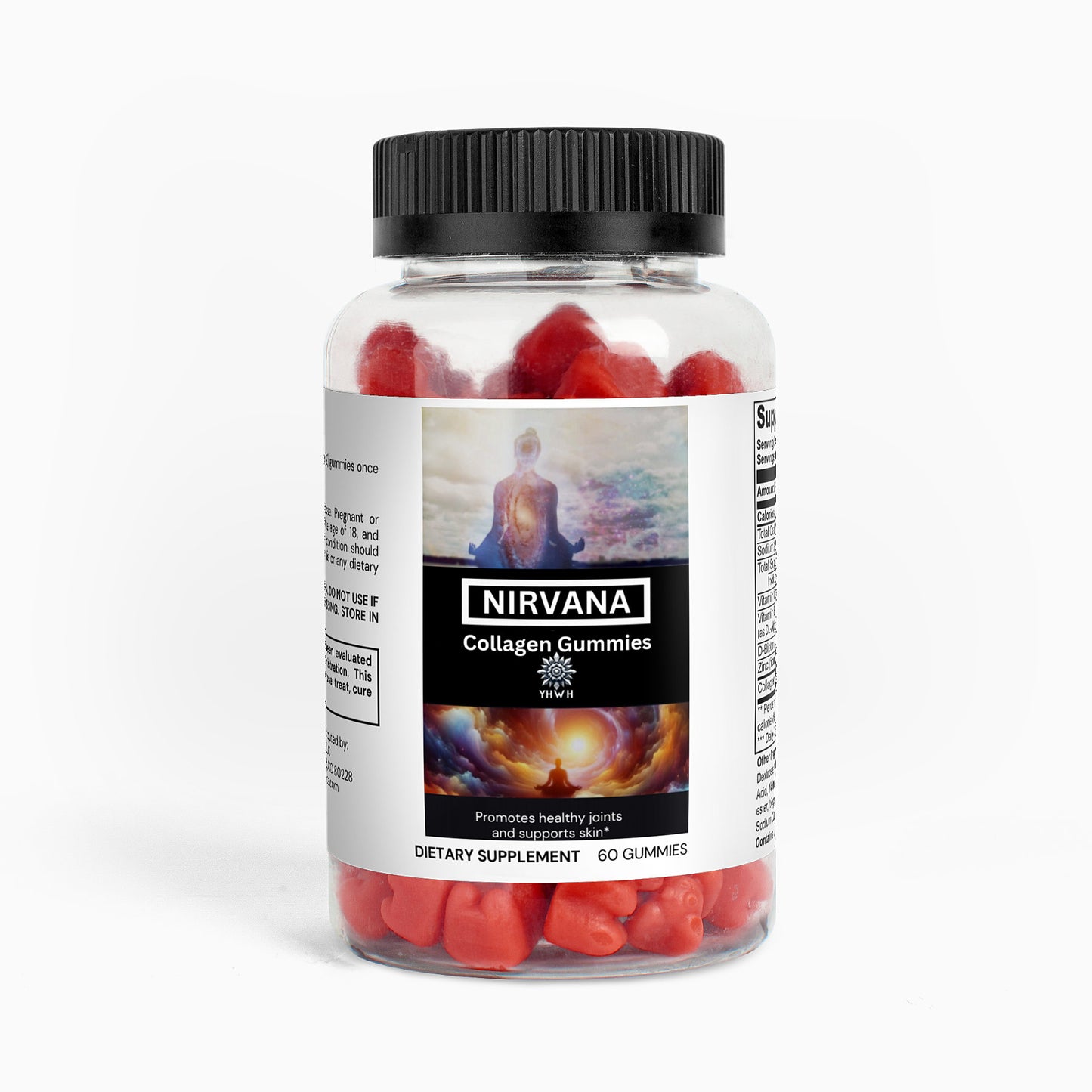 Nirvana Collagen Gummies - Specialty Supplements from Nirvana Superfoods brand, featuring red gummy candies in a clear glass jar with black cap and label.