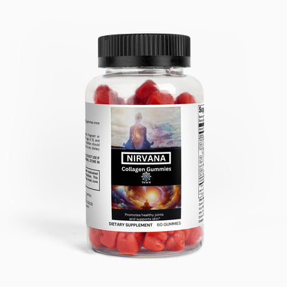 Nirvana Collagen Gummies - Specialty Supplements from Nirvana Superfoods brand, featuring red gummy candies in a clear glass jar with black cap and label.