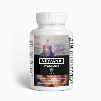 Nirvana Probiotics: Premium dietary supplement capsules for digestive health and wellness, featured in a white bottle with the Nirvana Superfoods brand logo.