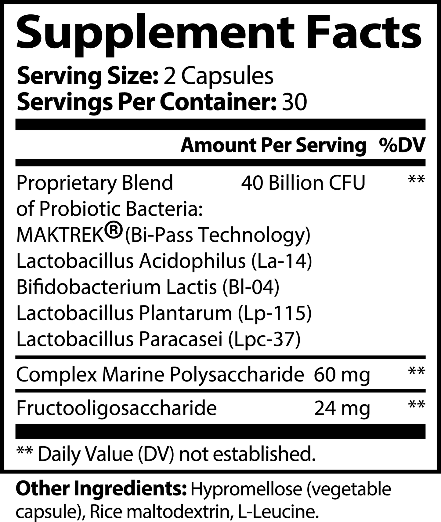 Probiotics supplement with blend of beneficial bacteria strains, including Lactobacillus and Bifidobacterium, along with complex marine polysaccharide and fructooligosaccharide in capsule form.