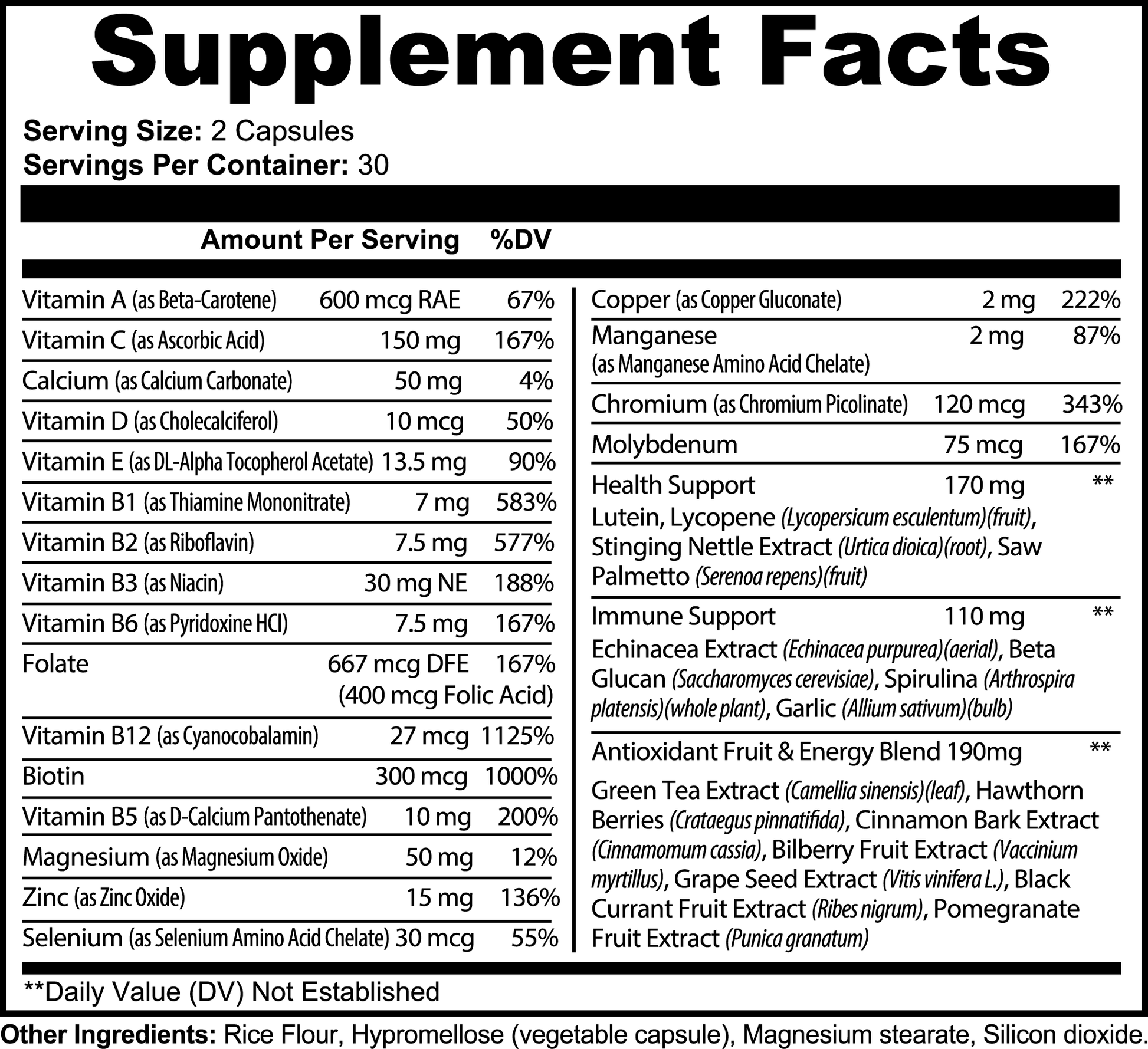 Comprehensive multivitamin supplement with an array of essential vitamins, minerals, and antioxidants for overall health and wellness.