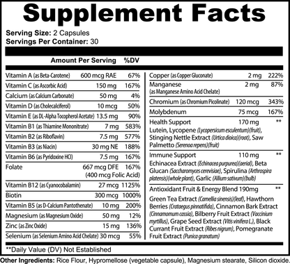 Comprehensive multivitamin supplement with an array of essential vitamins, minerals, and antioxidants for overall health and wellness.